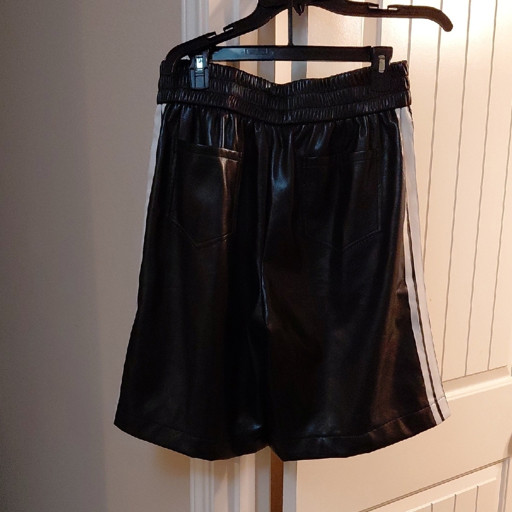 AKIRA Black High-Waist Faux Leather Athletic Shorts with White Side Stripes - Picture 2 of 2